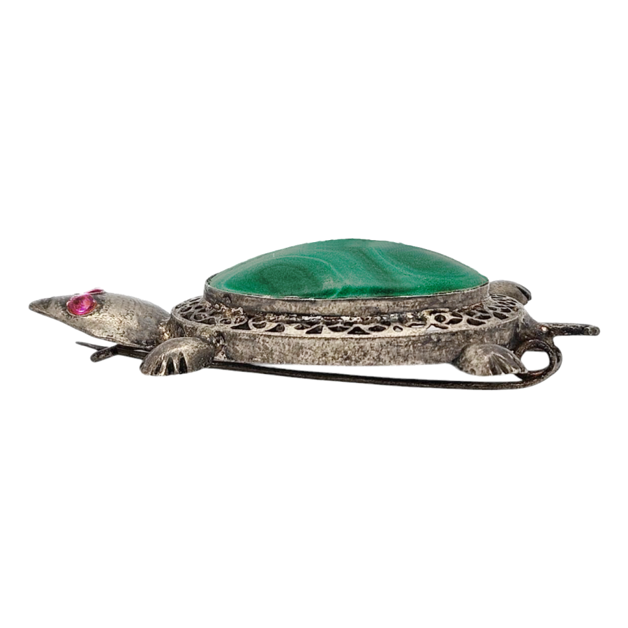 Vintage 1960s Silver Turtle Brooch with Malachite and Amethyst Gems - Re:Velvet