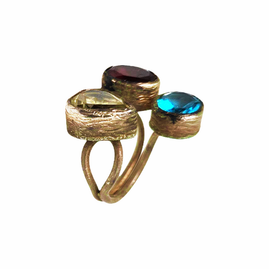 Trio of Natural Gemstones Adjustable Gold Coated Sterling Silver Ring