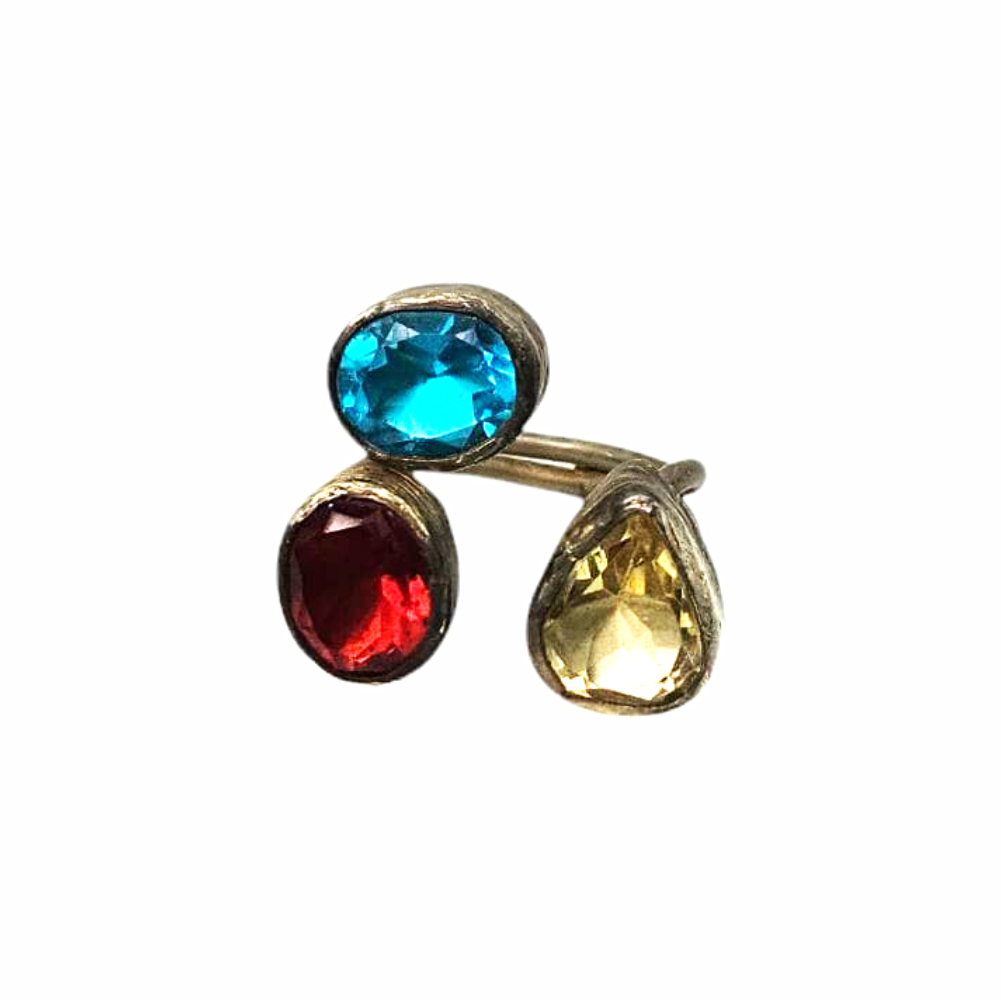 Trio of Natural Gemstones Adjustable Gold Coated Sterling Silver Ring