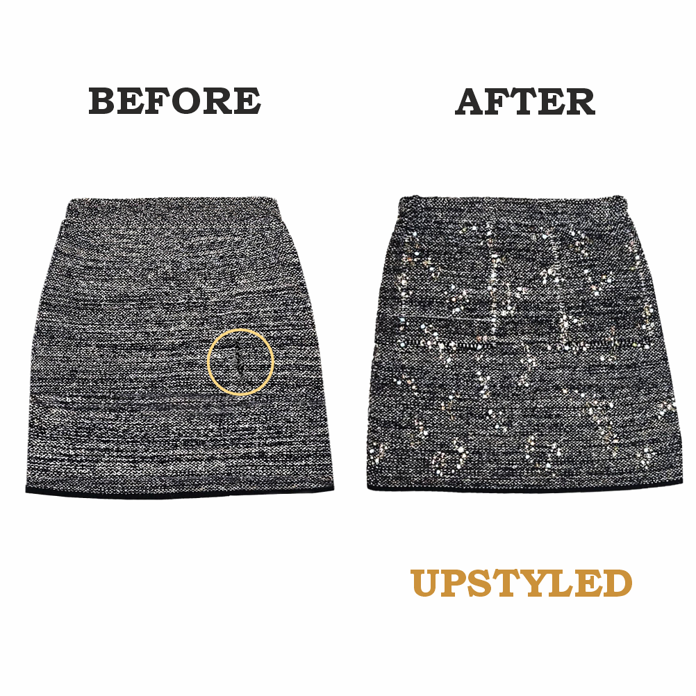 Upstyled Tweed Mini Skirt with Hand‑Beaded Embellishments