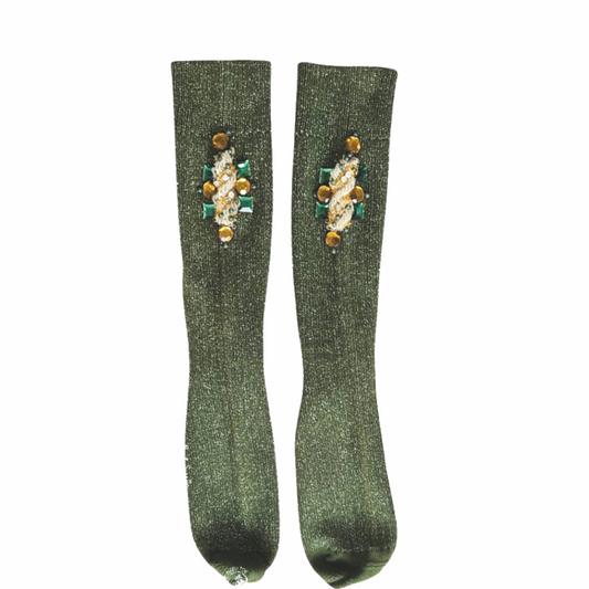 Upstyled Dark Green Hand‑Embellished Lurex Socks