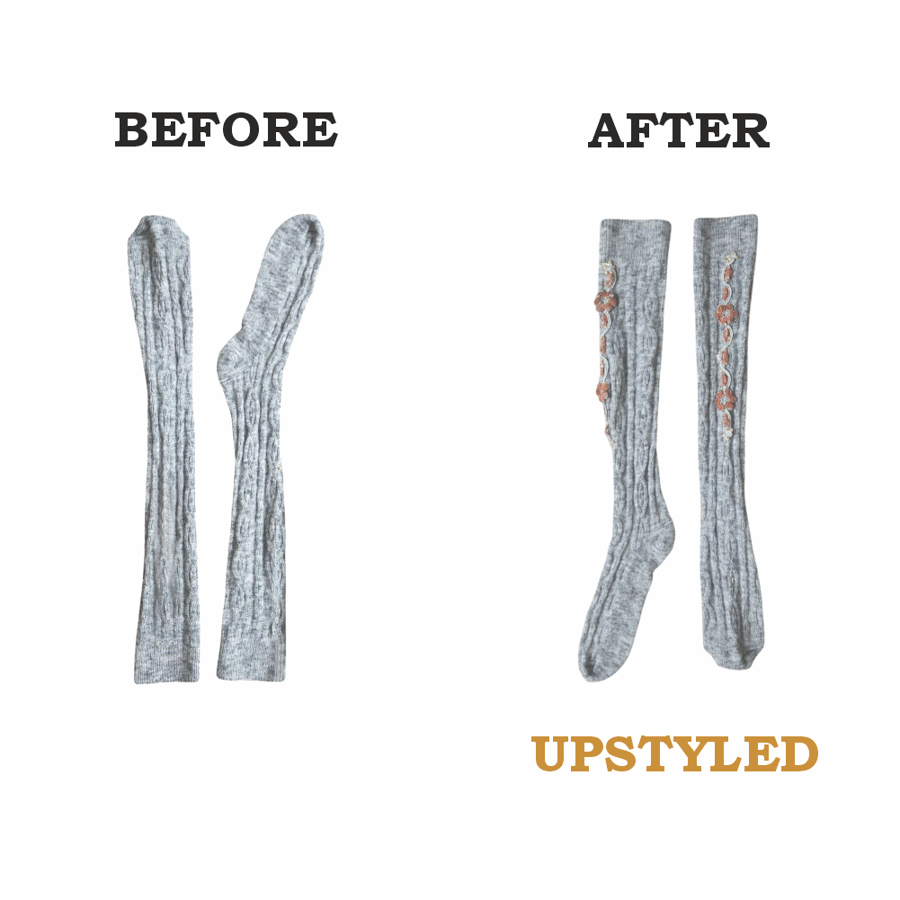 Upstyled Hand‑Embellished Grey Ribbed Knee Socks