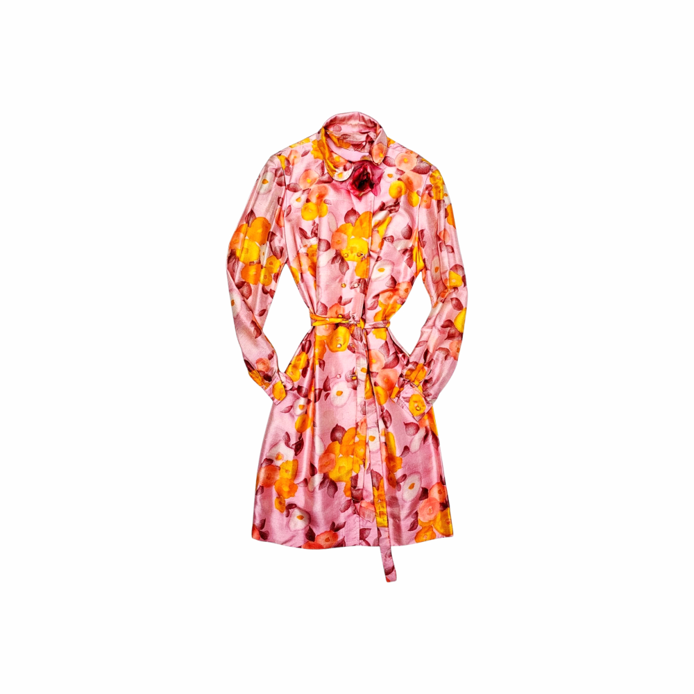 Vintage 1960s Floral Silk Dress with Detachable Flower