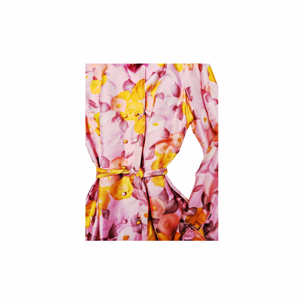 Vintage 1960s Floral Silk Dress with Detachable Flower