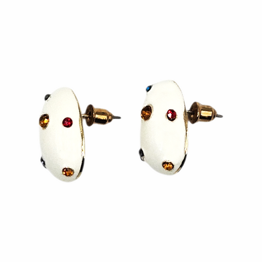 1980s Style White Enamel Oval Stud Earrings with Crystal Accents - Re:Velvet