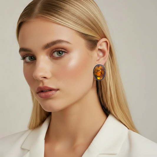 Vintage 80s 925 Sterling Silver & Amber Cabochon Clip-On Earrings - Re:Velvet