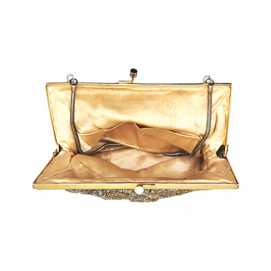 Vintage 1950s Gold and Silver Seed Beaded Evening Purse