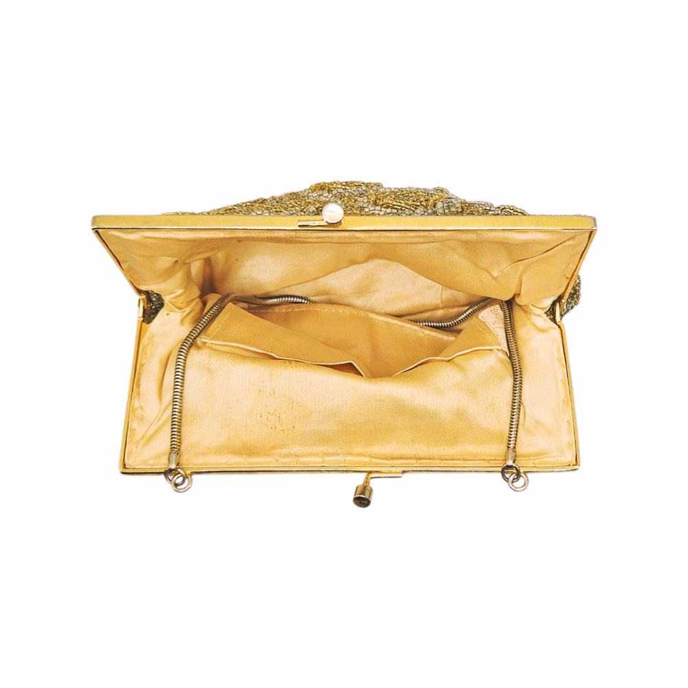Vintage 1950s Gold and Silver Seed Beaded Evening Purse