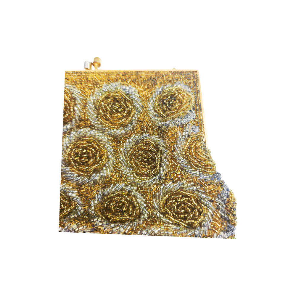 Vintage 1950s Gold and Silver Seed Beaded Evening Purse