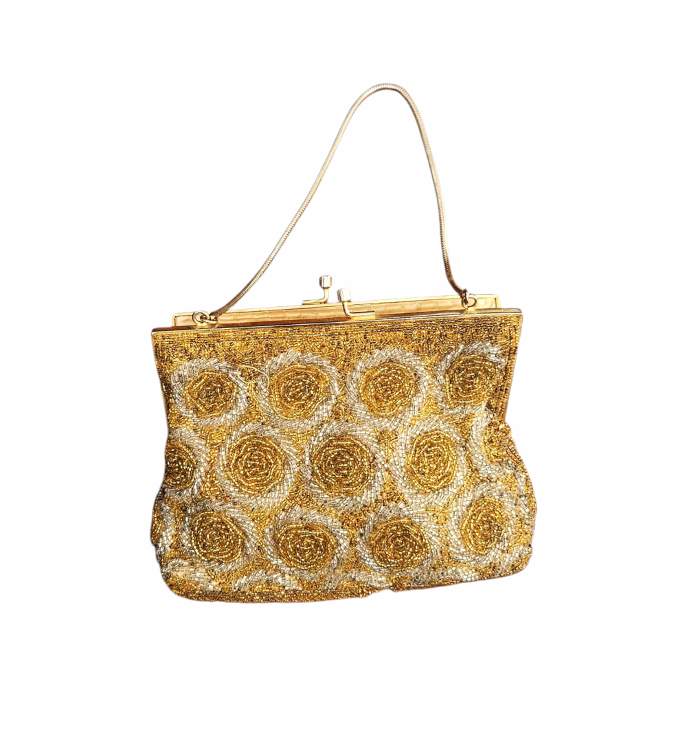 Vintage 1950s Gold and Silver Seed Beaded Evening Purse
