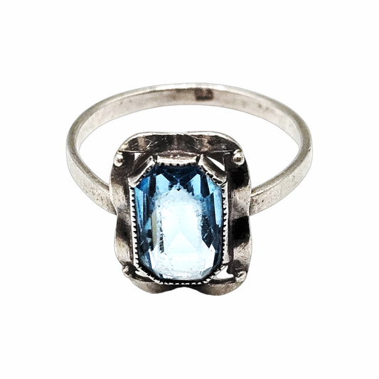 Vintage Art Deco Sterling Emerald Cut Silver Blue Topaz Ring