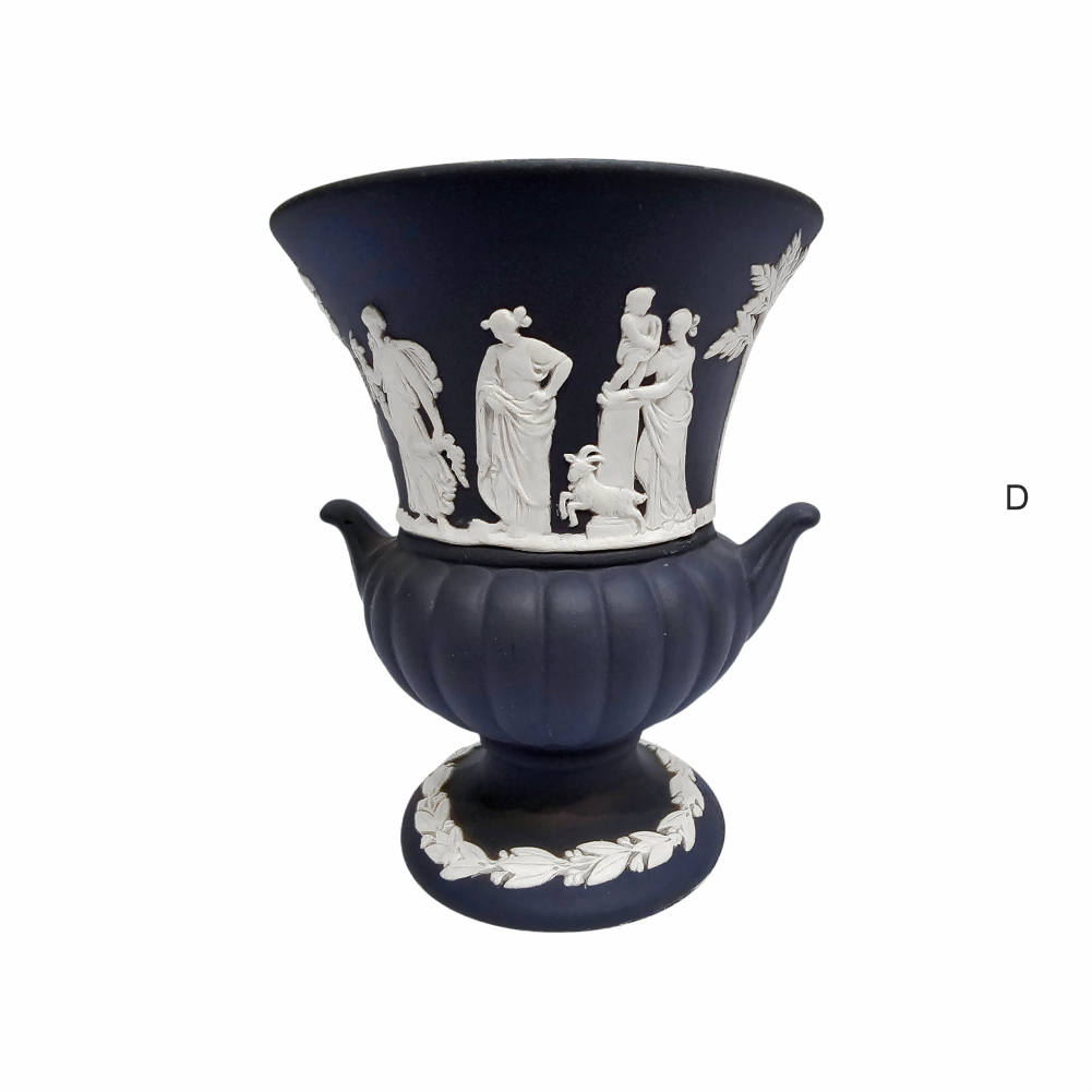 Dark Blue Jasperware Urn Shaped Vase with White Intricate Scenes Sprigs - Wedgwood - Re:Velvet