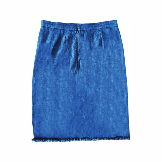 Vintage 1990s Denim Pencil Skirt with Fringe Hem - Y de G