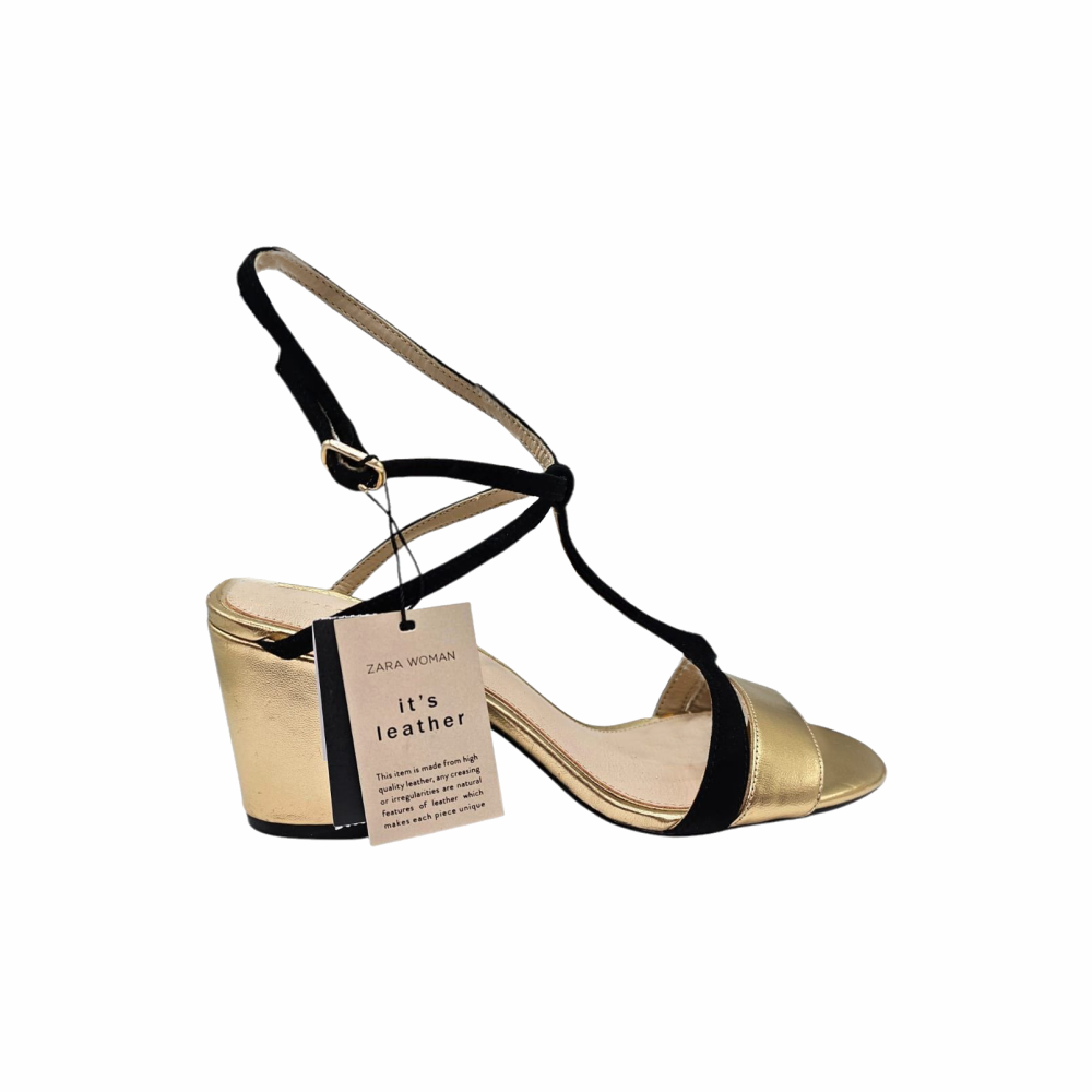 Chunky Heels Gold & Black Leather Sandals - Zara