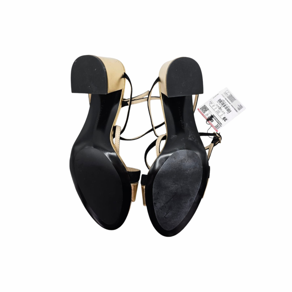 Chunky Heels Gold & Black Leather Sandals - Zara
