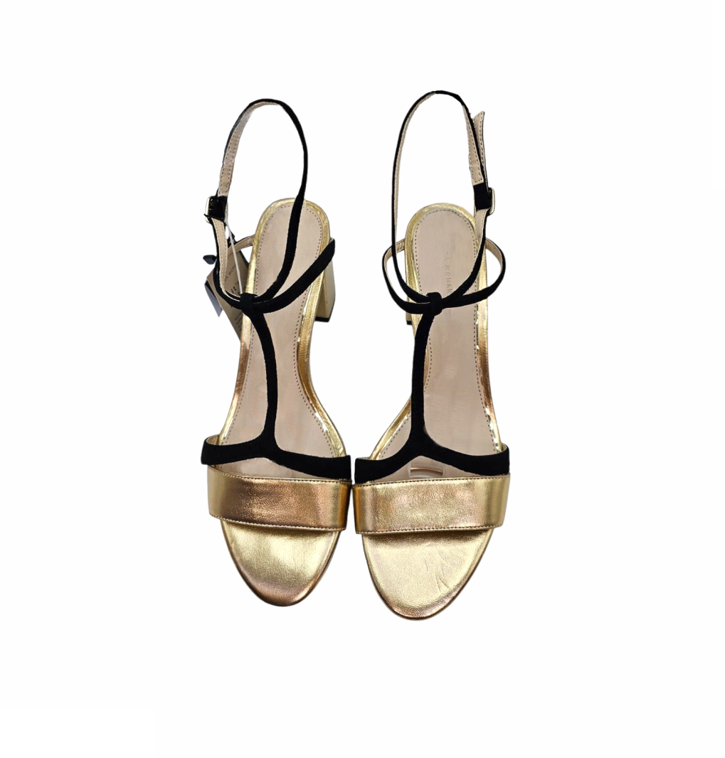Chunky Heels Gold & Black Leather Sandals - Zara