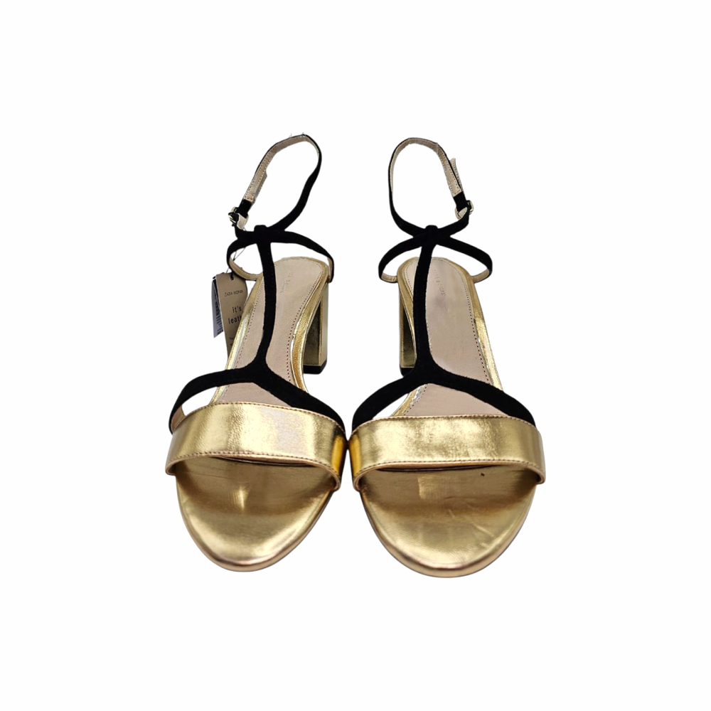 Chunky Heels Gold & Black Leather Sandals - Zara