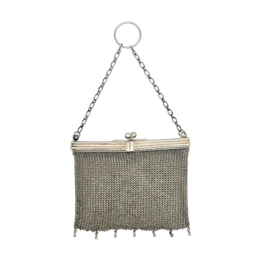 Antique 1920s silver-tone mesh evening purse with chain and finger ring handle