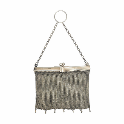Antique 1920s silver-tone mesh evening purse with chain and finger ring handle