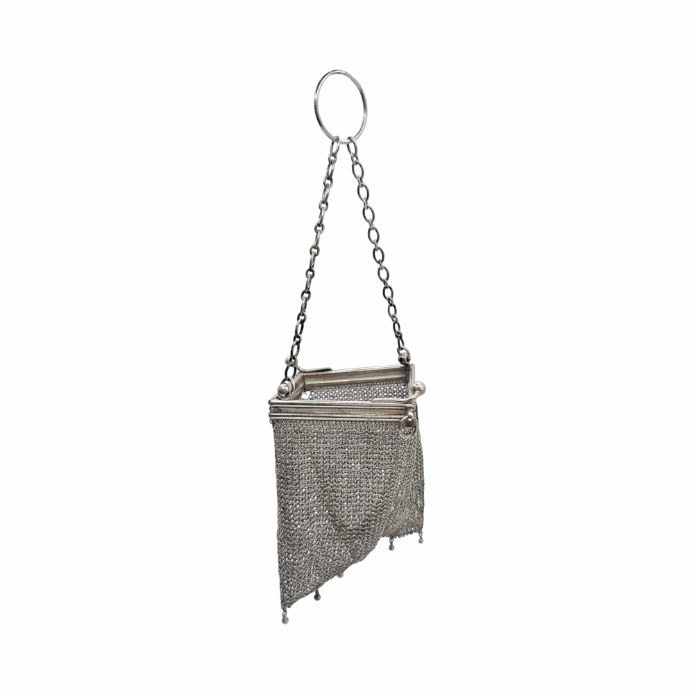 Antique 1910s-20s Sterling Silver Mesh Evening Purse with Finger Ring Handle - Re:Velvet