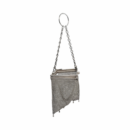 Antique 1910s-20s Sterling Silver Mesh Evening Purse with Finger Ring Handle - Re:Velvet