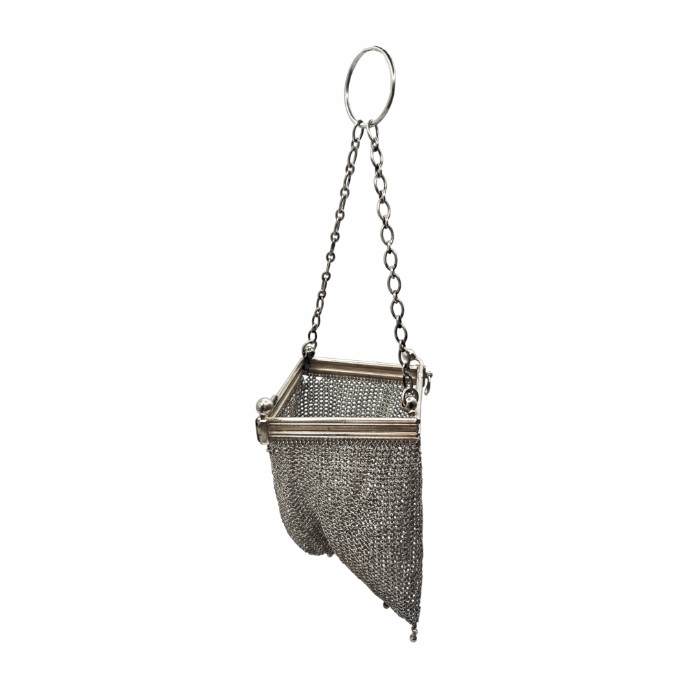 Antique 1910s-20s Sterling Silver Mesh Evening Purse with Finger Ring Handle - Re:Velvet