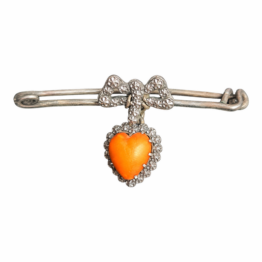 1930s–40s Sweetheart Bow & Orange Heart Safety Pin Brooch - Re:Velvet