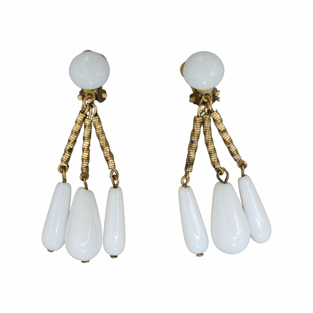 1950s Milk-Glass-Effect Triple Drop Clip-On Earrings