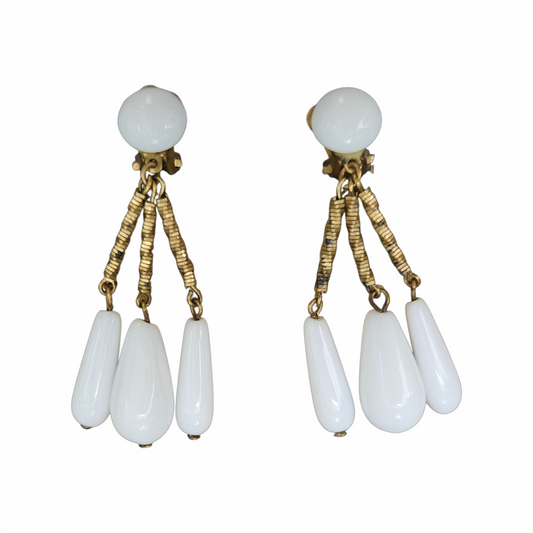 1950s Milk-Glass-Effect Triple Drop Clip-On Earrings