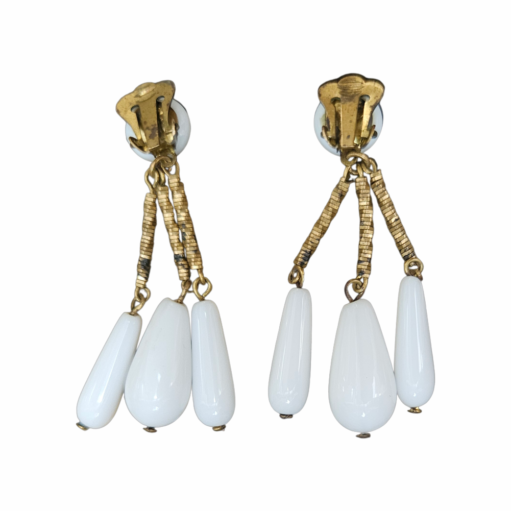1950s Milk-Glass-Effect Triple Drop Clip-On Earrings