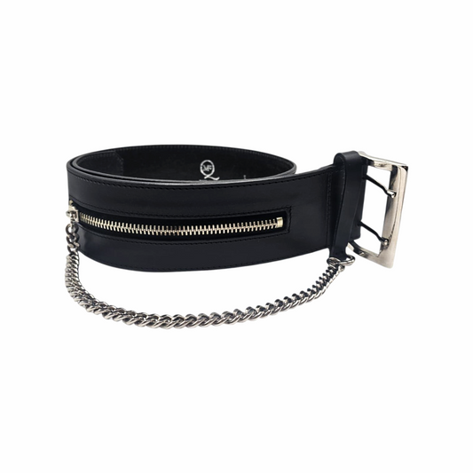 Leather Wide Belt with Silver Buckle, Zipper Pocket & Chain Detail - Alexander McQueen