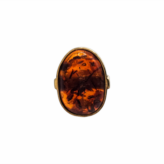 Vintage 9ct Gold Oval Amber Cabochon Statement Ring – Circa 1960s–1970s