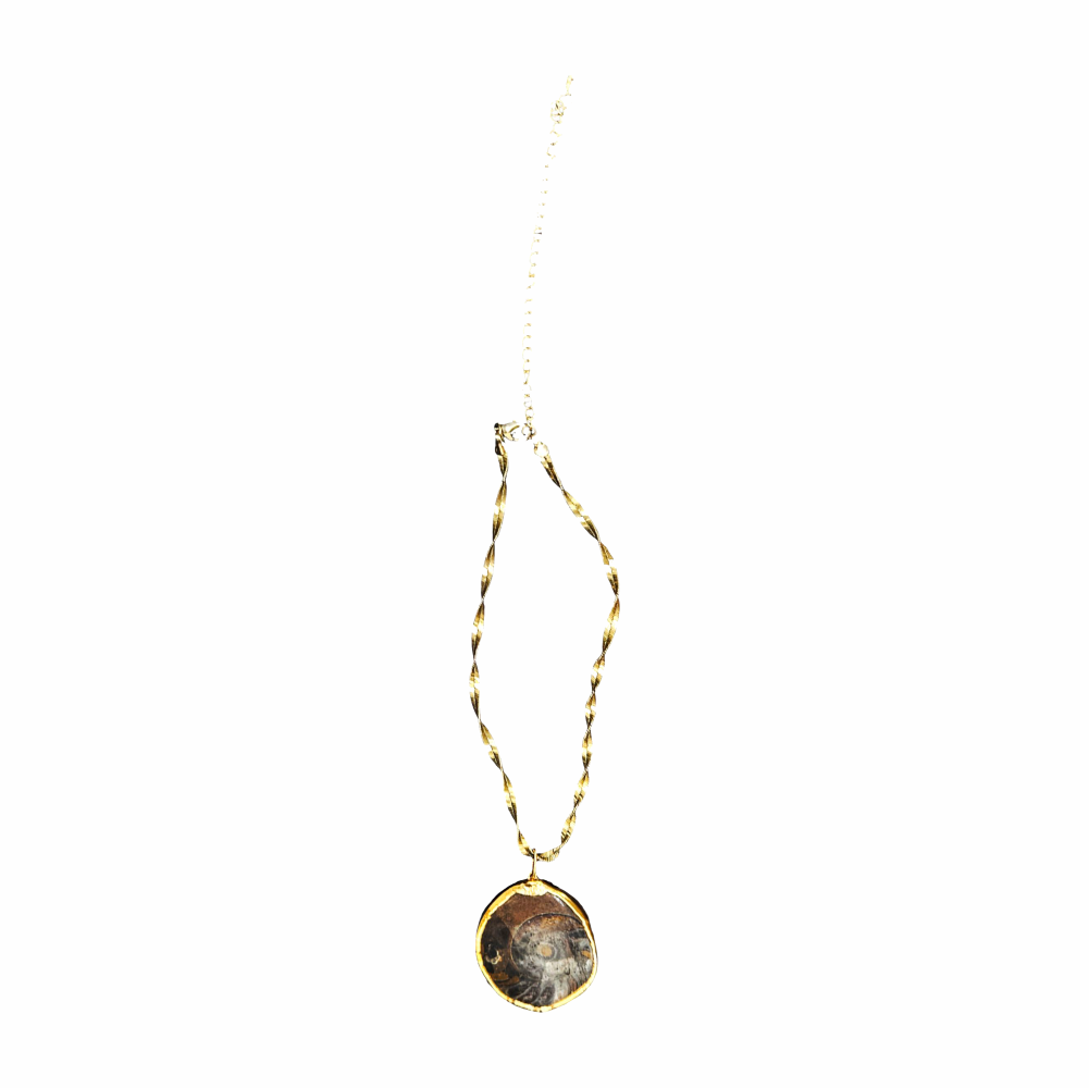 Vintage ammonite fossil pendant necklace with a polished natural spiral fossil, gold-tone surround and twisted herringbone-style chain.