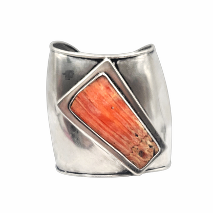 Vintage modernist silver cuff bracelet with orange spiny oyster shell inlay