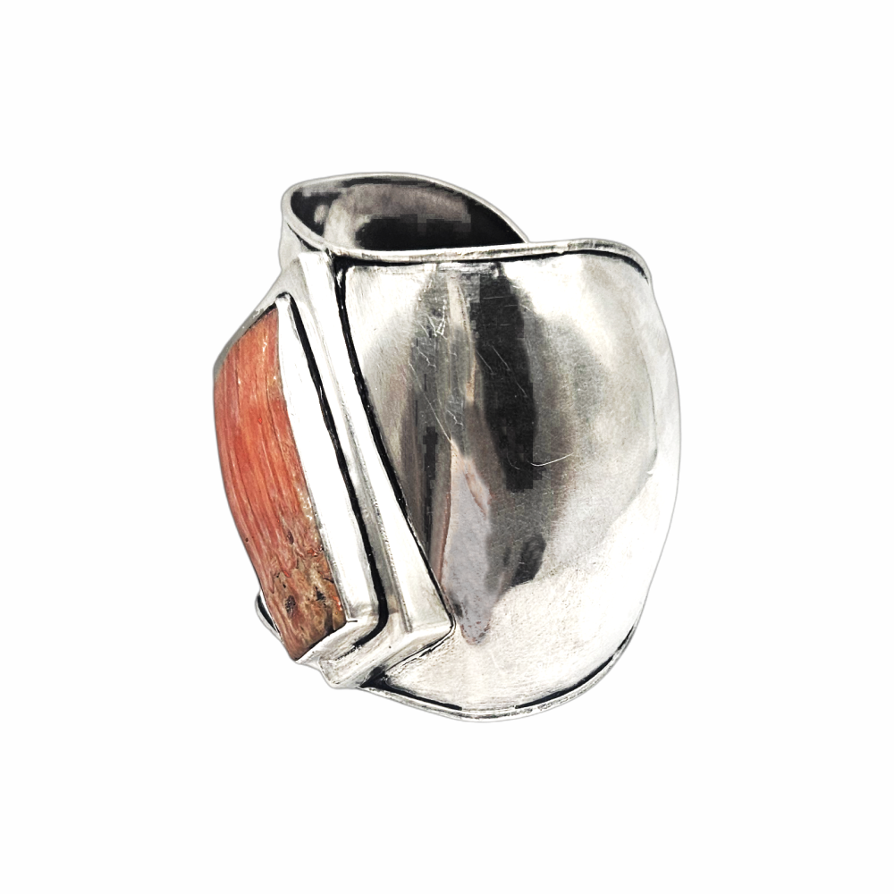 Vintage modernist silver cuff bracelet with orange spiny oyster shell inlay