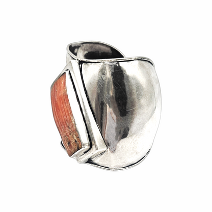 Vintage modernist silver cuff bracelet with orange spiny oyster shell inlay