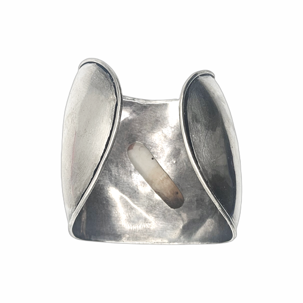 Vintage modernist silver cuff bracelet with orange spiny oyster shell inlay