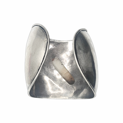 Vintage modernist silver cuff bracelet with orange spiny oyster shell inlay