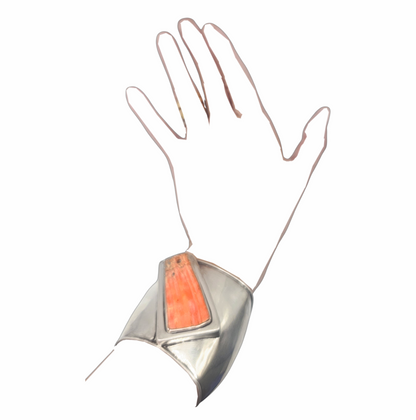 Vintage modernist silver cuff bracelet with orange shell inlay, believed to be spiny oyster worn on wrist
