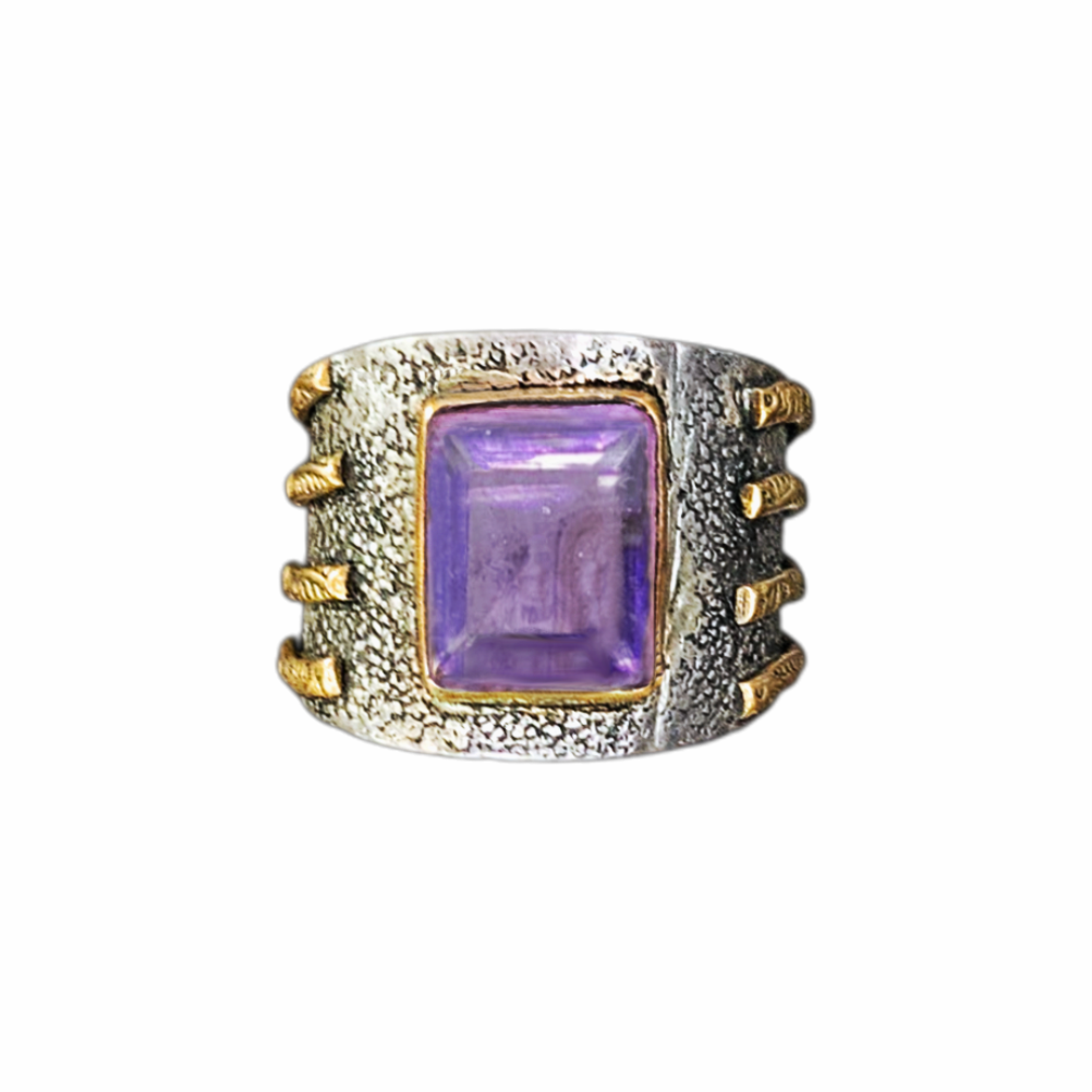 Vintage Artisan 925 Sterling Silver Amethyst Statement Ring with Gold-Tone Accents