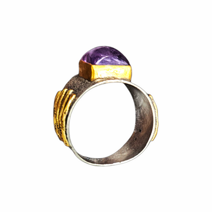 Vintage Artisan 925 Sterling Silver Amethyst Statement Ring with Gold-Tone Accents