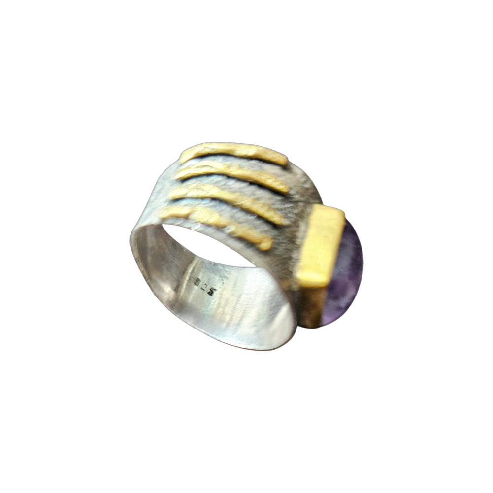 Vintage Artisan 925 Sterling Silver Amethyst Statement Ring with Gold-Tone Accents