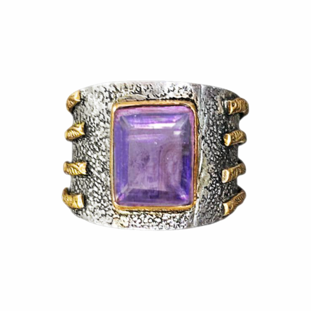 Vintage Artisan 925 Sterling Silver Amethyst Statement Ring with Gold-Tone Accents
