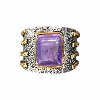 Vintage Artisan 925 Sterling Silver Amethyst Statement Ring with Gold-Tone Accents
