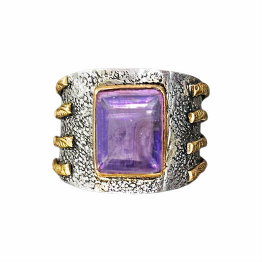 Vintage Artisan 925 Sterling Silver Amethyst Statement Ring with Gold-Tone Accents