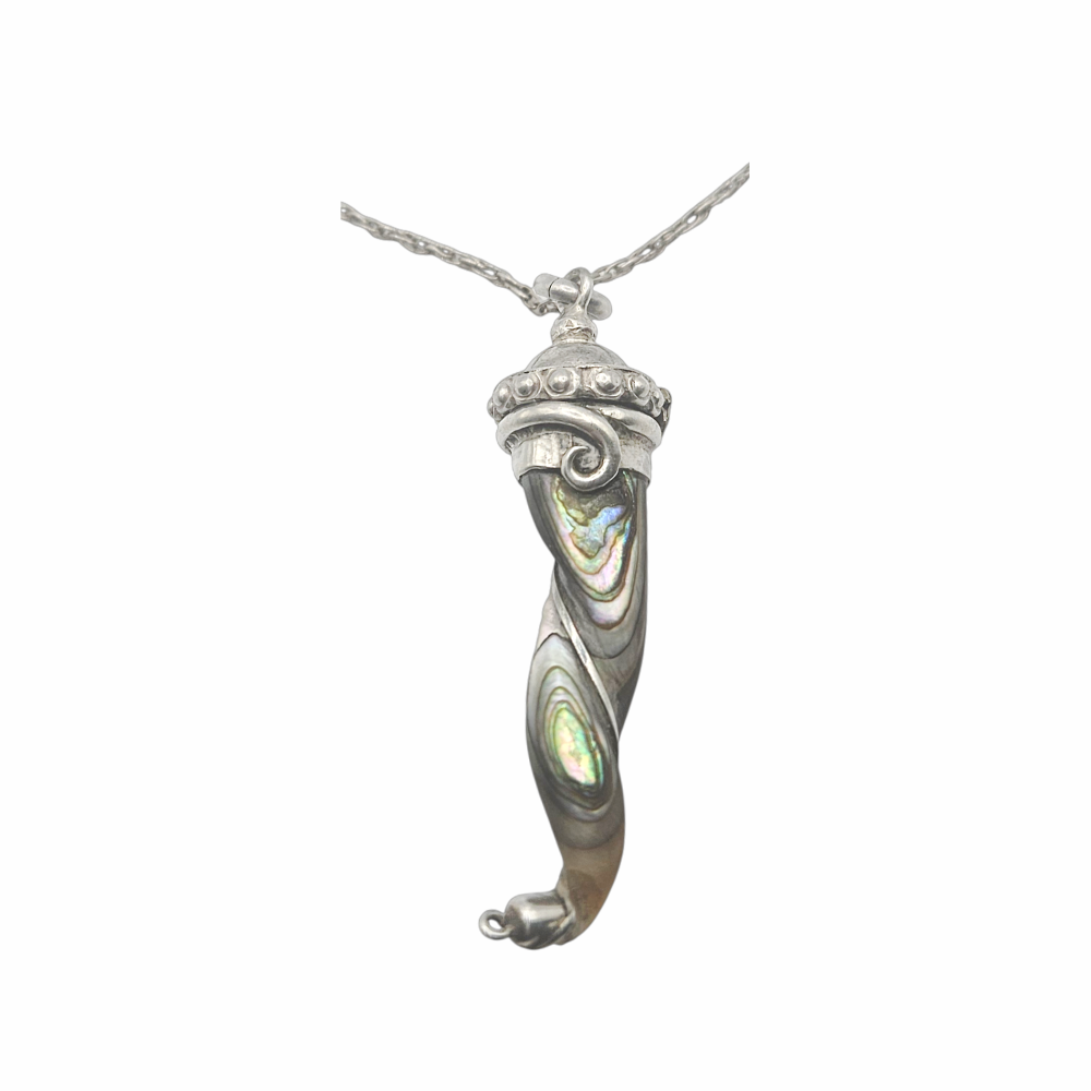 Iridescent abalone shell horn pendant with ornate sterling silver hinged cap