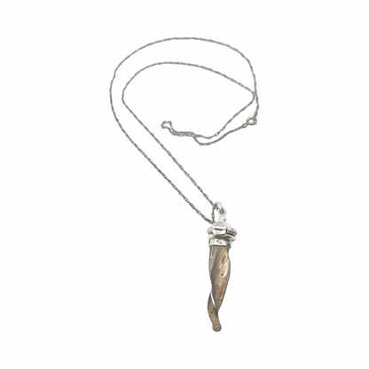 Back of vintage horn-shaped shell pendant necklace with silver mount
