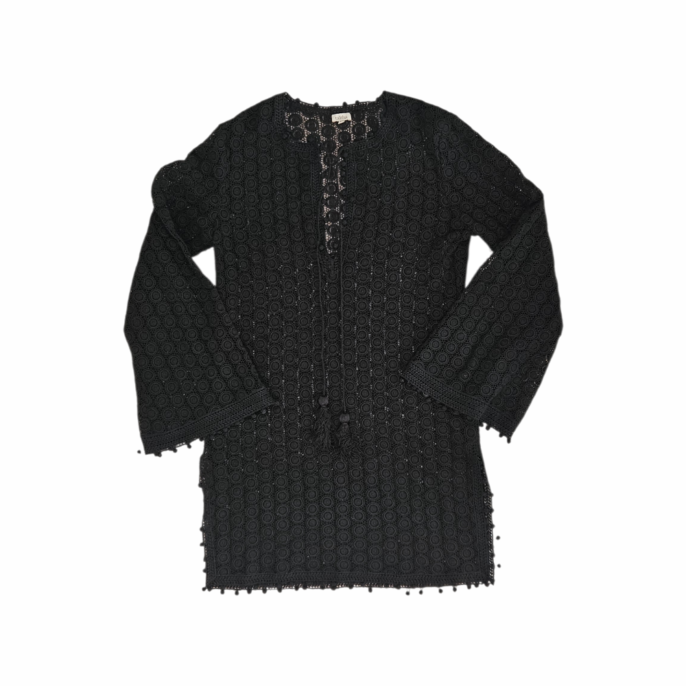 Talitha black cotton lace tunic mini dress with tassel ties, crochet-style medallion openwork and bobble trim. Mid-2010s luxury boho beach cover-up.