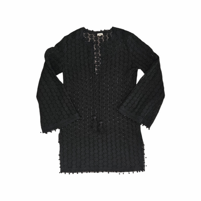 Talitha black cotton lace tunic mini dress with tassel ties, crochet-style medallion openwork and bobble trim. Mid-2010s luxury boho beach cover-up.