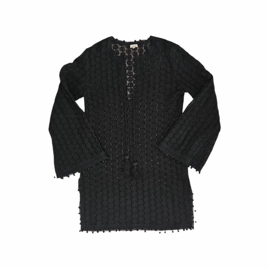 Talitha black cotton lace tunic mini dress with tassel ties, crochet-style medallion openwork and bobble trim. Mid-2010s luxury boho beach cover-up.